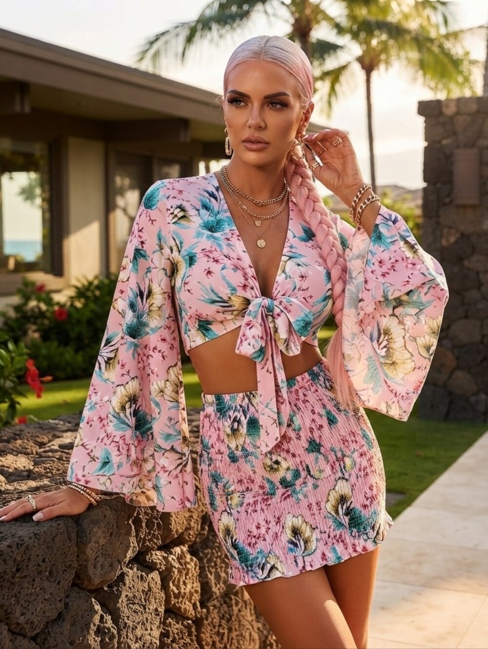 NWT Pink Floral Print Extreme Flare Sleeve Tie Front Top & Shirred Mini Skirt